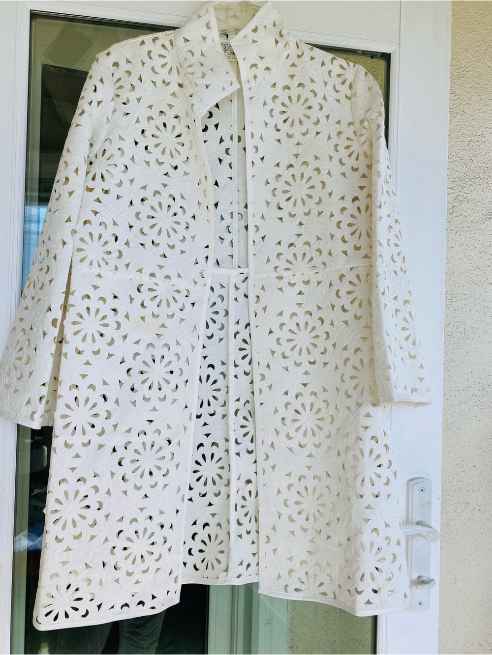 Grace Chuang White Floral Cutwork Duster Jacket Coat Large Open Front Eyelet